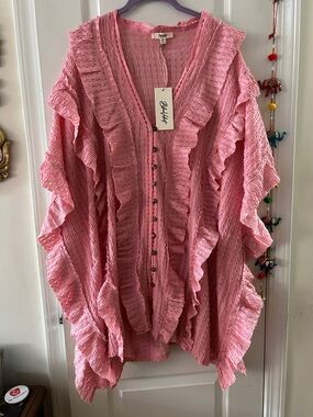 Blue Velvet Pink Ruffle-Trim Button Cardigan